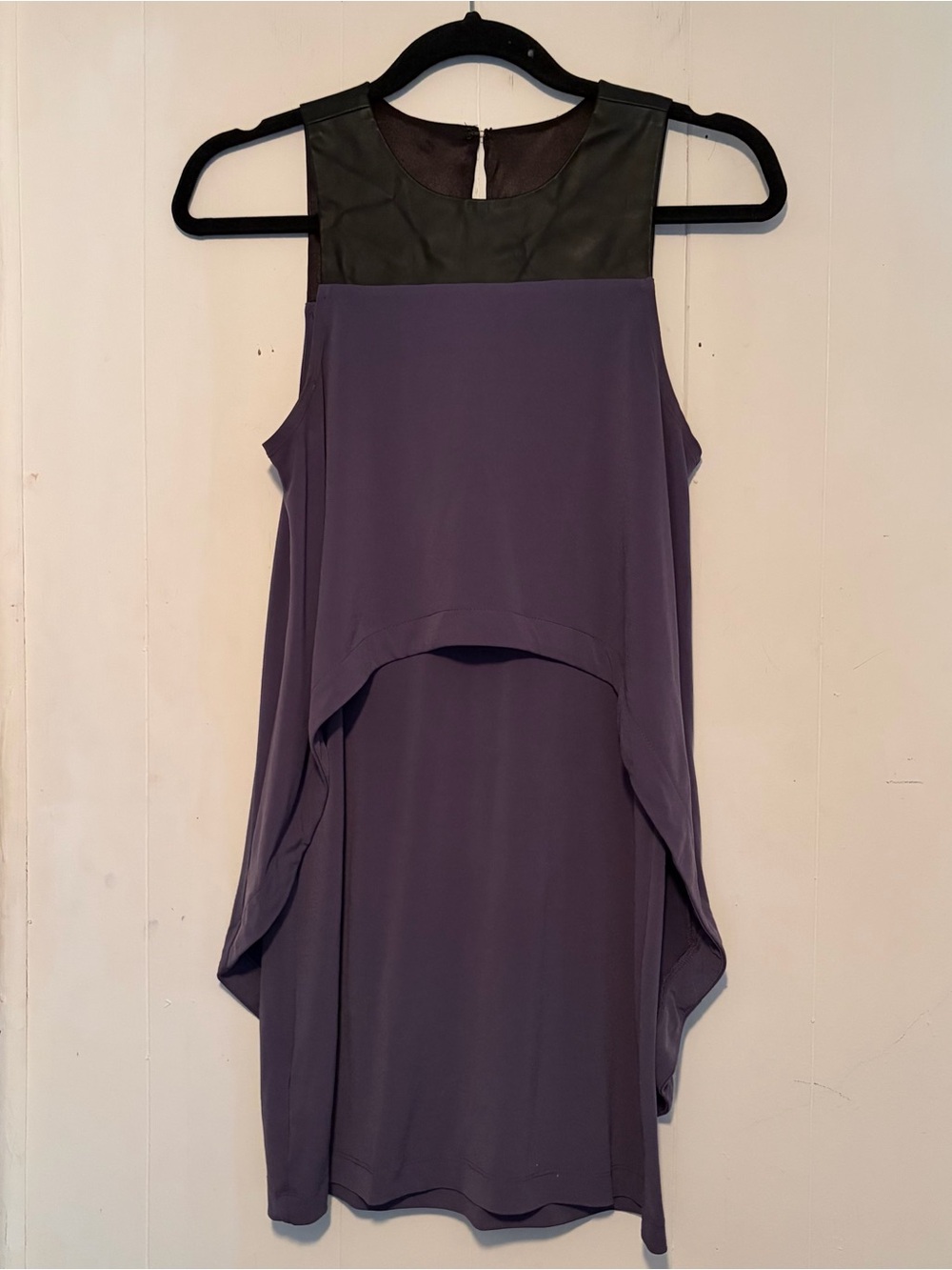 Sleeveless slate purple BCBG layered dress with black faux leather yoke